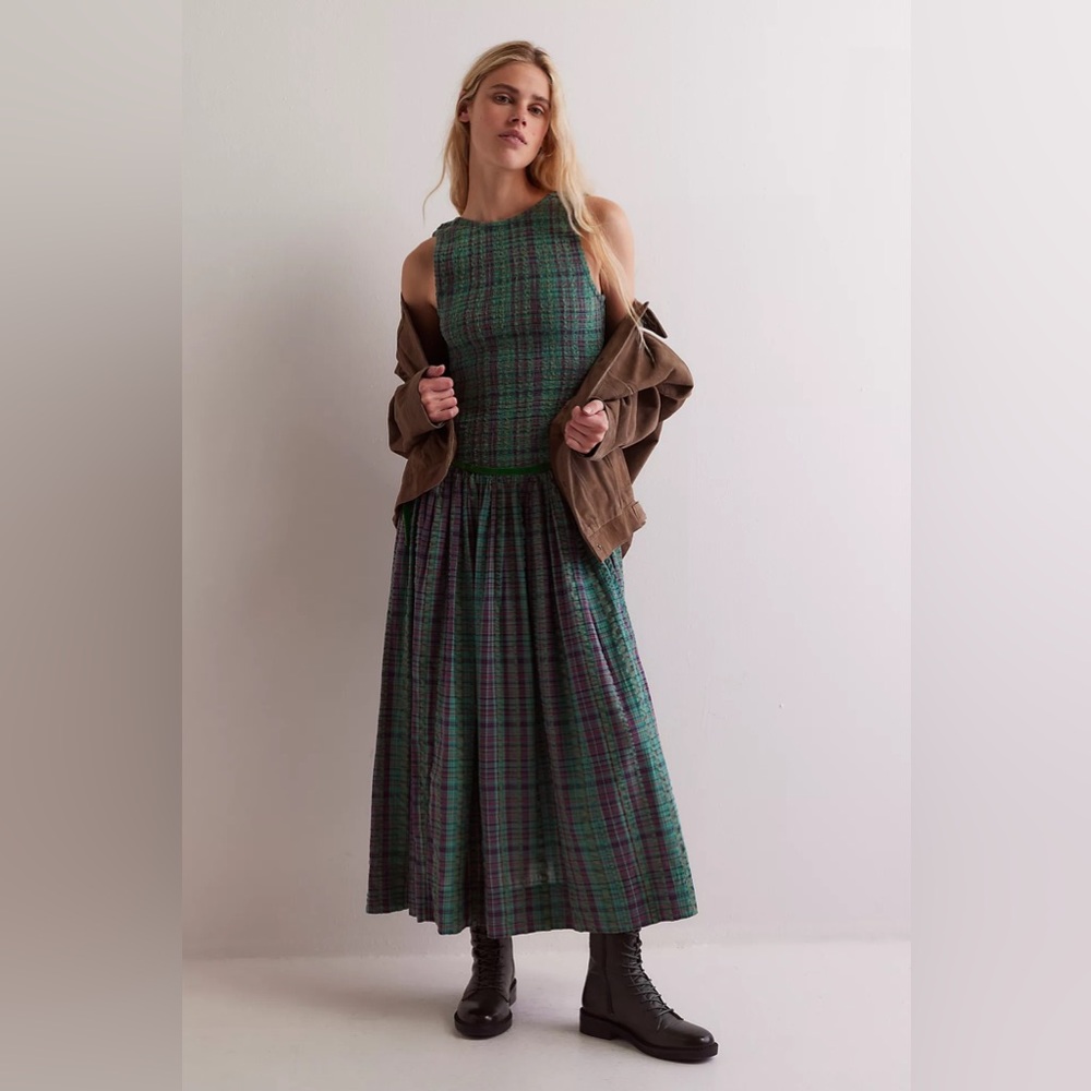 Free People Green nightingale Plaid Midi Dress medium